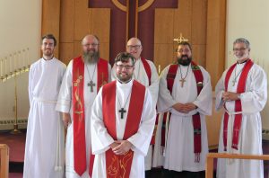 Ordination and Installation of Pastor Kyle Eddy, August 7, 2022 Front row: Pastor Kyle Eddy Back row, left to right: Vicar Daniel Cunningham(Kitimat, BC), Rev. Alan Visser (Cariboo Circuit Counselor), Rev. Wendel Ritz (Pincher Creek, AB), Rev. Noel Smith (Williams Lake, BC)